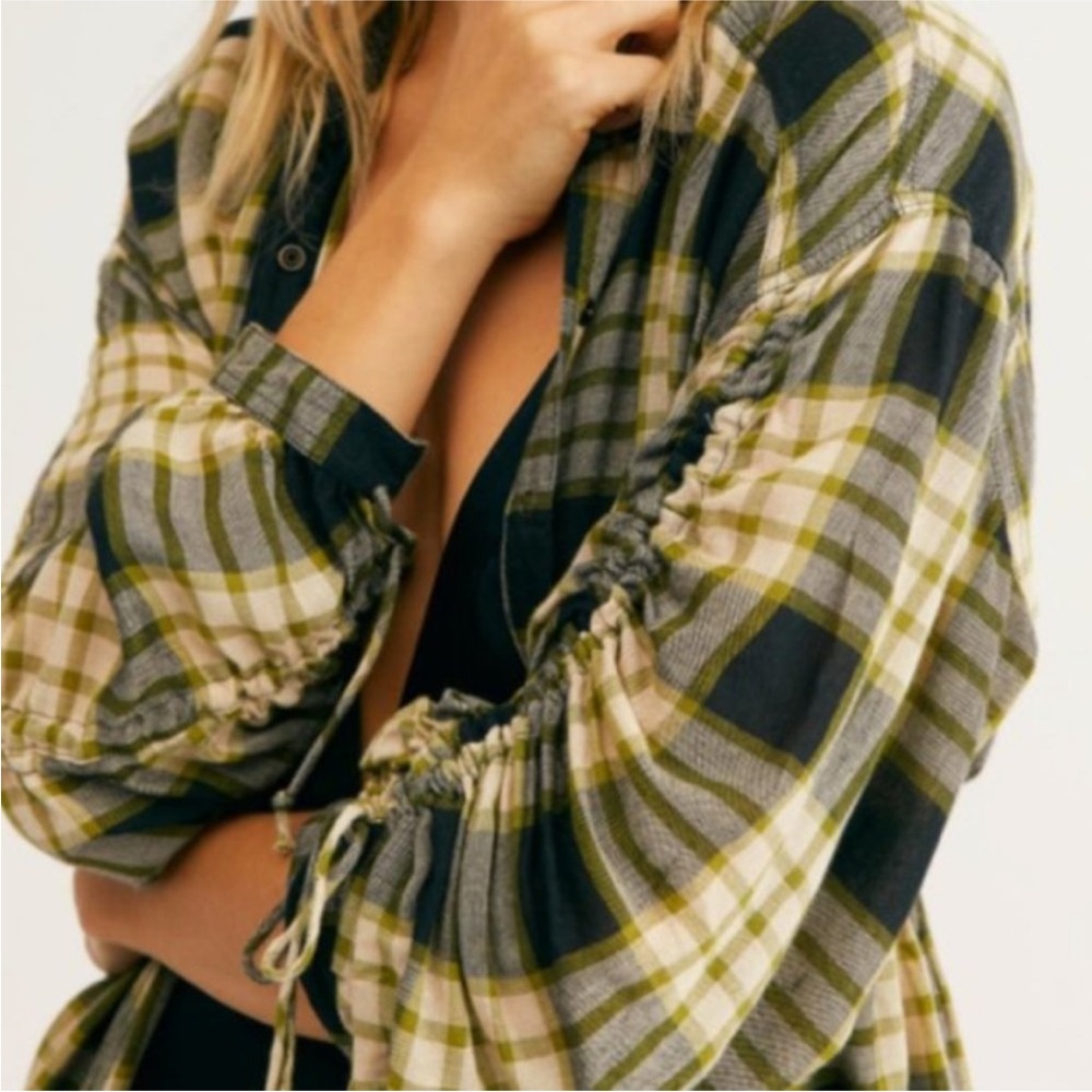 Free People Olive Green Navy Plaid Button Down Shirt